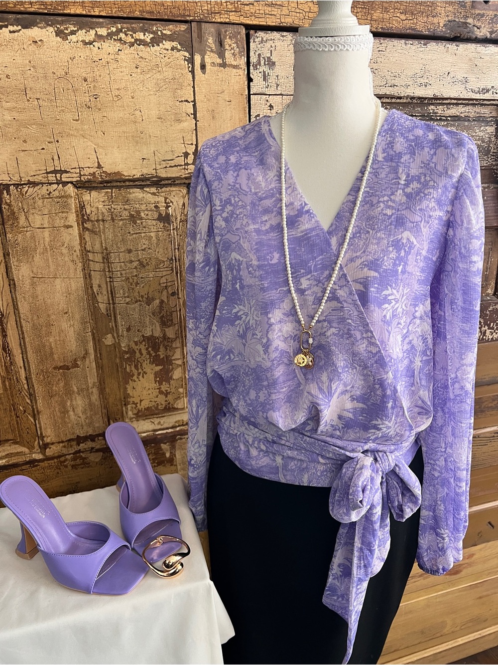 Express Lavender Floral Wrap Blouse | Tie Waist Long Sleeve Top | NWOT L